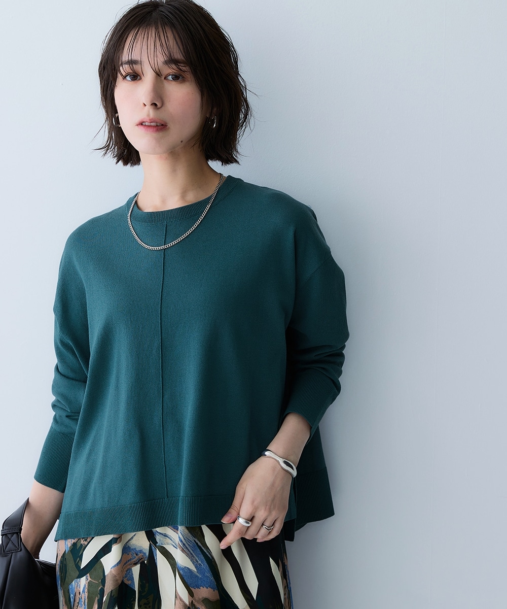 【T-KNIT】綿混クルーネッククロップド丈オーバーサイズ長袖ニットトップス【毛玉になりにくい・洗濯機で洗える・UVカット】 大きいサイズ