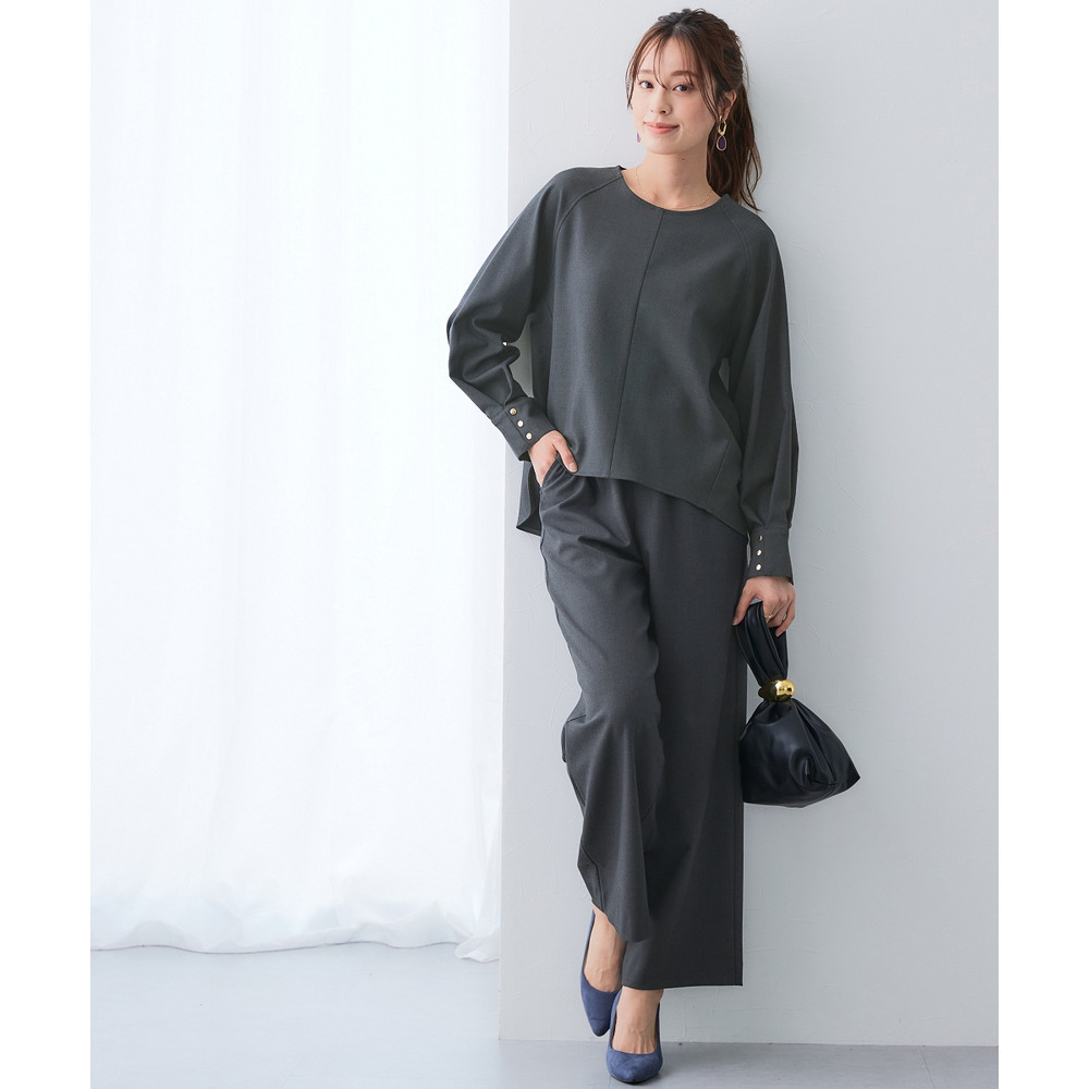 【あったか裏起毛】袖ゴールドボタンプルオーバーブラウス(しわになりにくい・ストレッチ・保温性) 大きいサイズ14