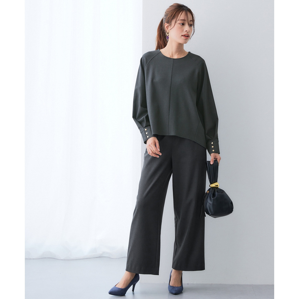 【あったか裏起毛】袖ゴールドボタンプルオーバーブラウス(しわになりにくい・ストレッチ・保温性) 大きいサイズ16