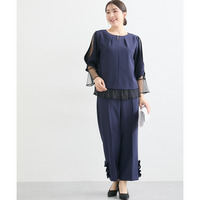 【結婚式・パーティードレス】レースレイヤードブラウス＋脇フリルセミワイドパンツセットアップ 大きいサイズ