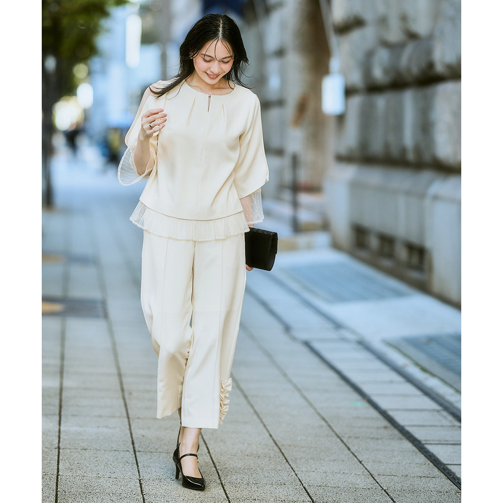 【結婚式・パーティードレス】レースレイヤードブラウス+脇フリルセミワイドパンツセットアップ 大きいサイズ10