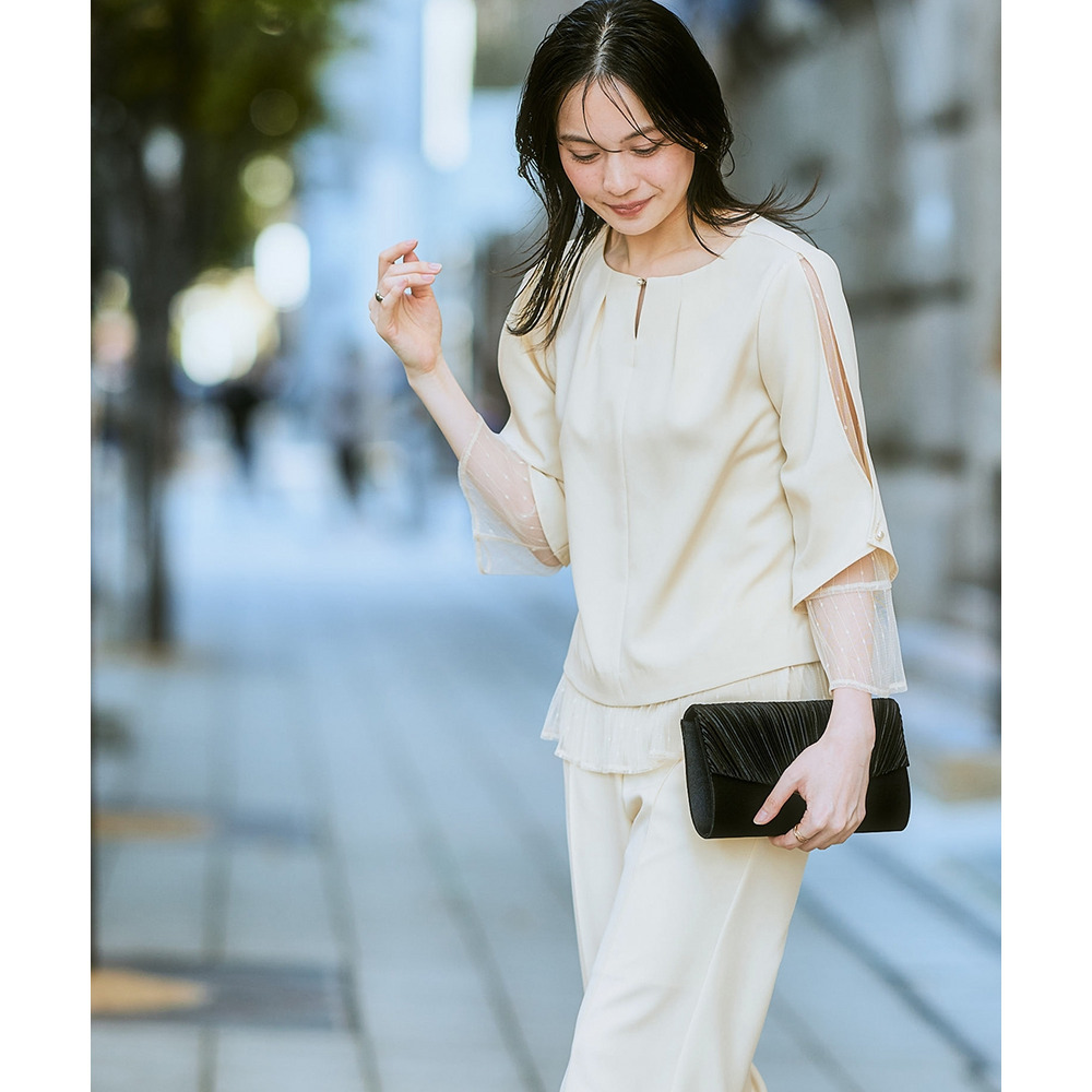 【結婚式・パーティードレス】レースレイヤードブラウス+脇フリルセミワイドパンツセットアップ 大きいサイズ11