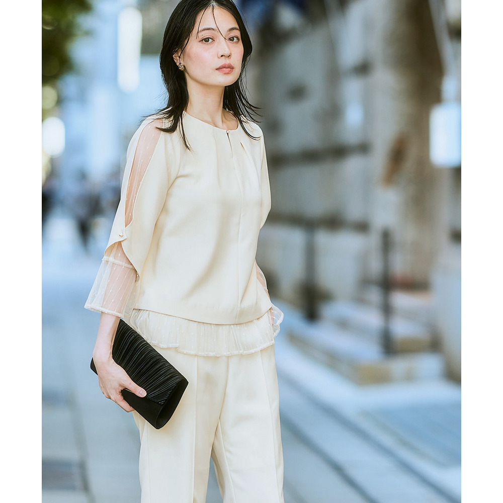 【結婚式・パーティードレス】レースレイヤードブラウス+脇フリルセミワイドパンツセットアップ 大きいサイズ12