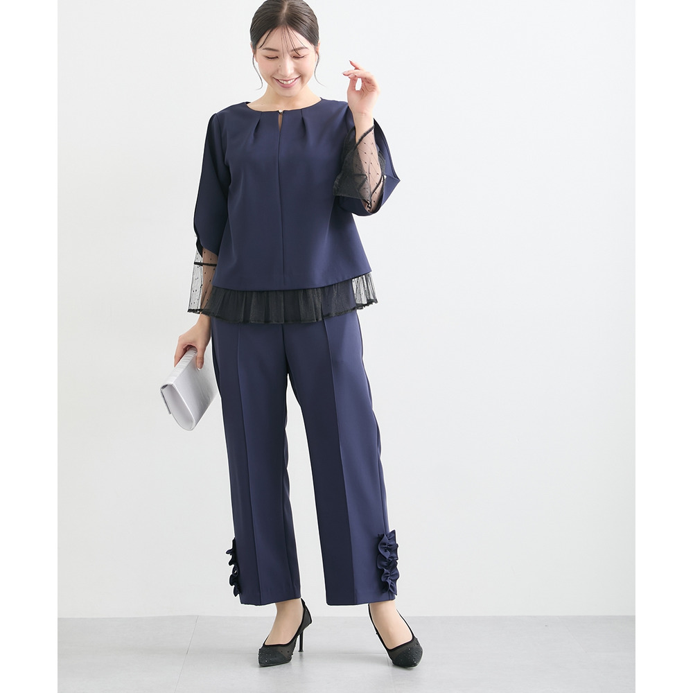 【結婚式・パーティードレス】レースレイヤードブラウス+脇フリルセミワイドパンツセットアップ 大きいサイズ13