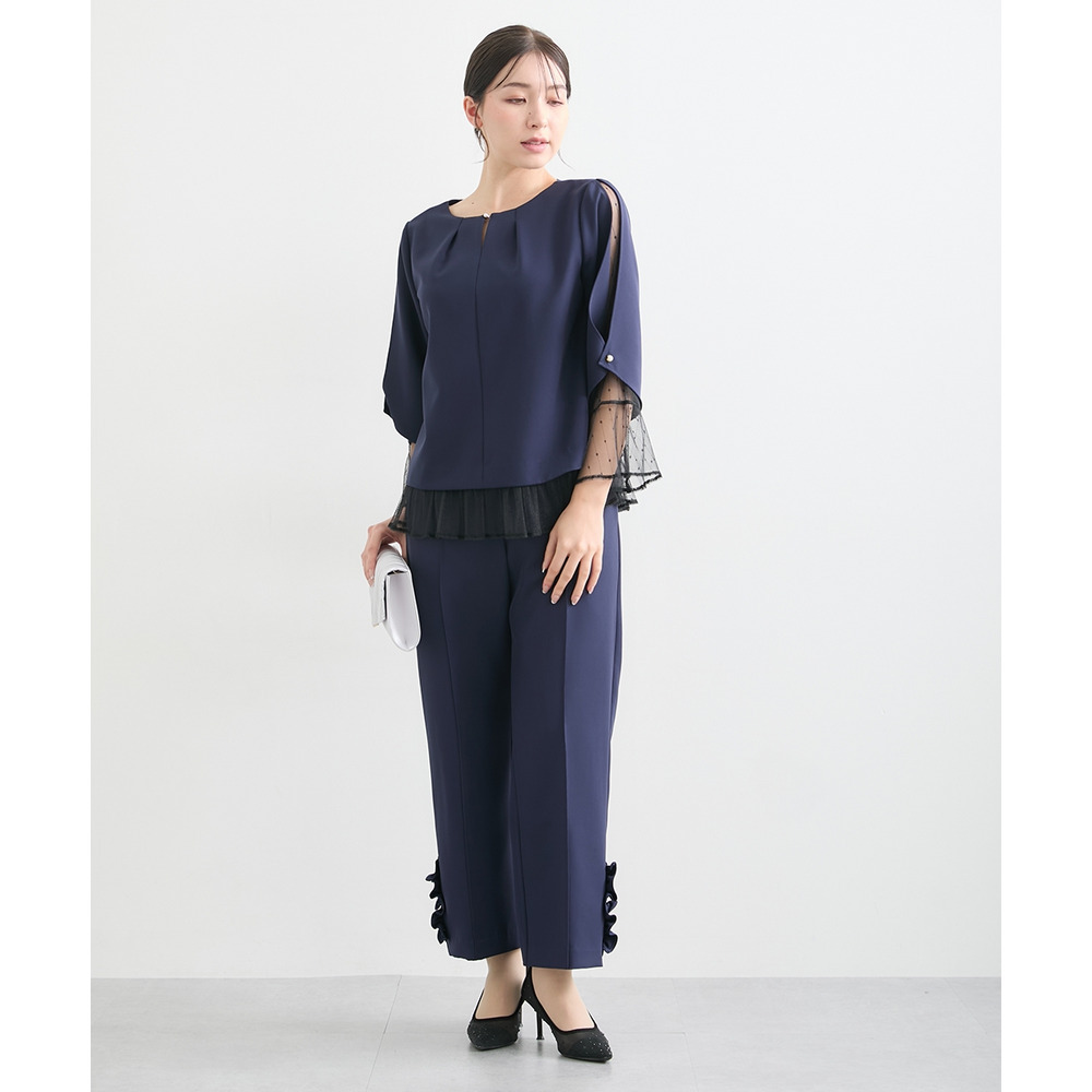 【結婚式・パーティードレス】レースレイヤードブラウス+脇フリルセミワイドパンツセットアップ 大きいサイズ15