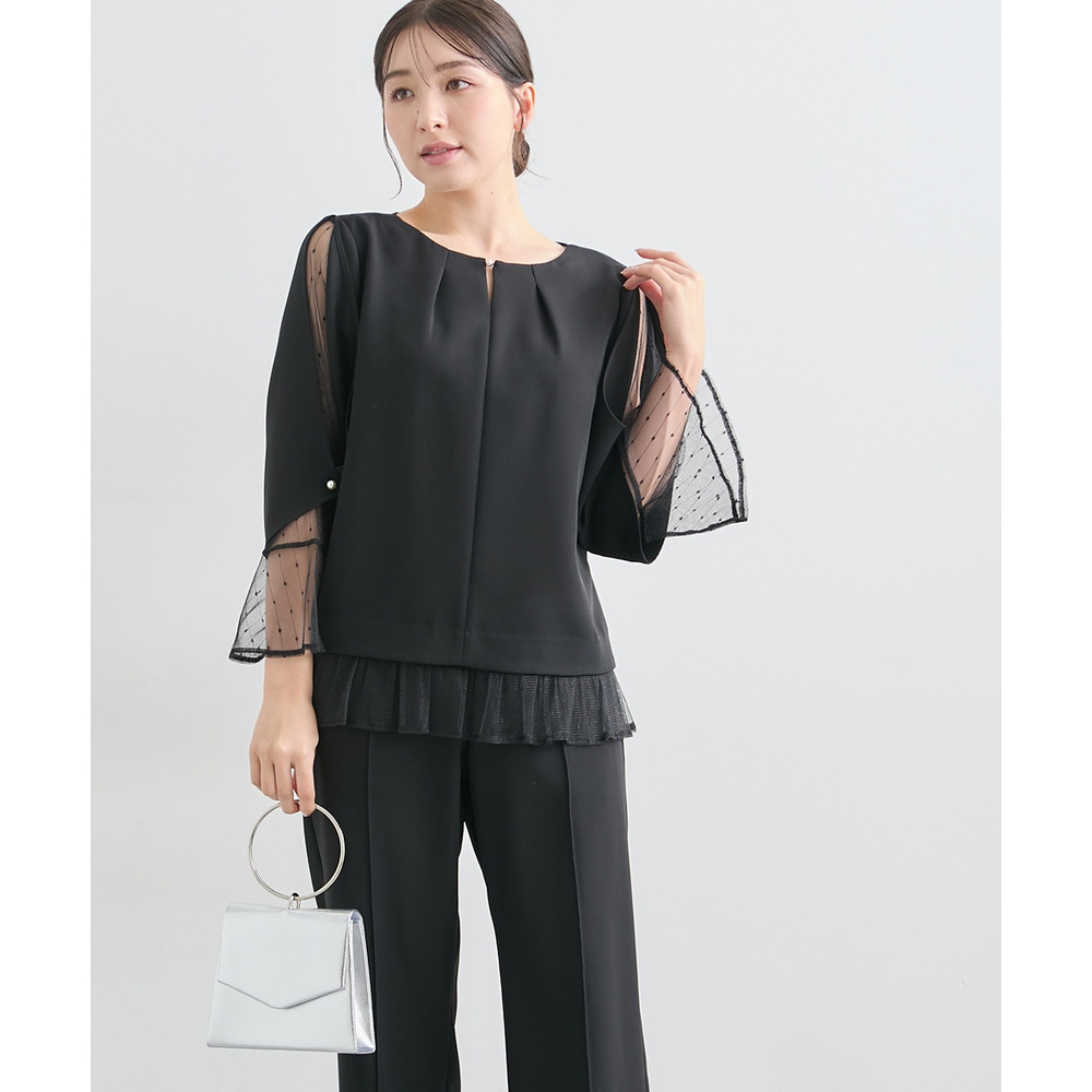 【結婚式・パーティードレス】レースレイヤードブラウス+脇フリルセミワイドパンツセットアップ 大きいサイズ16