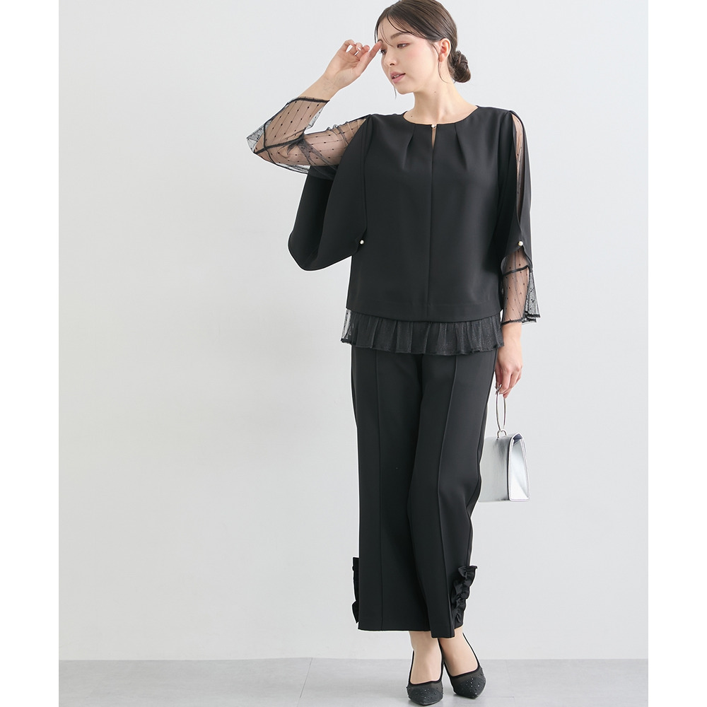 【結婚式・パーティードレス】レースレイヤードブラウス+脇フリルセミワイドパンツセットアップ 大きいサイズ18