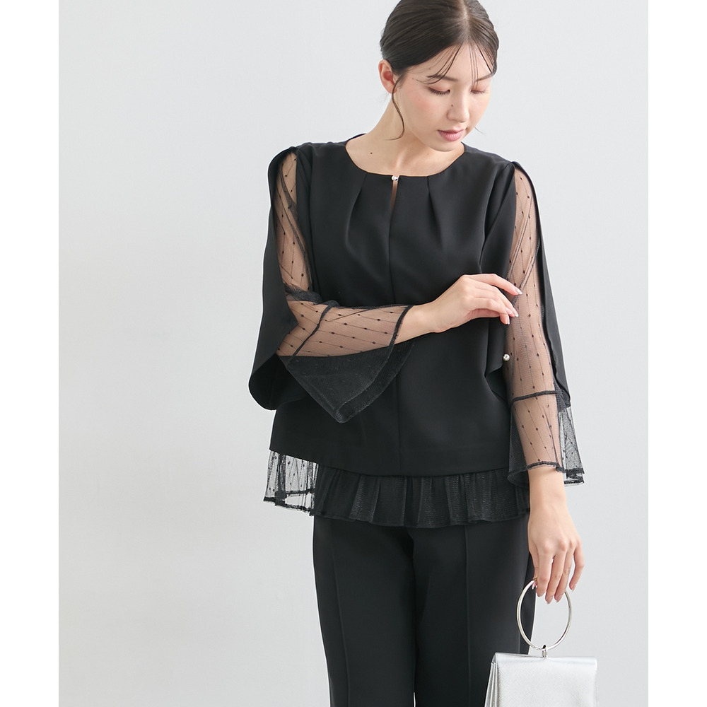 【結婚式・パーティードレス】レースレイヤードブラウス+脇フリルセミワイドパンツセットアップ 大きいサイズ20