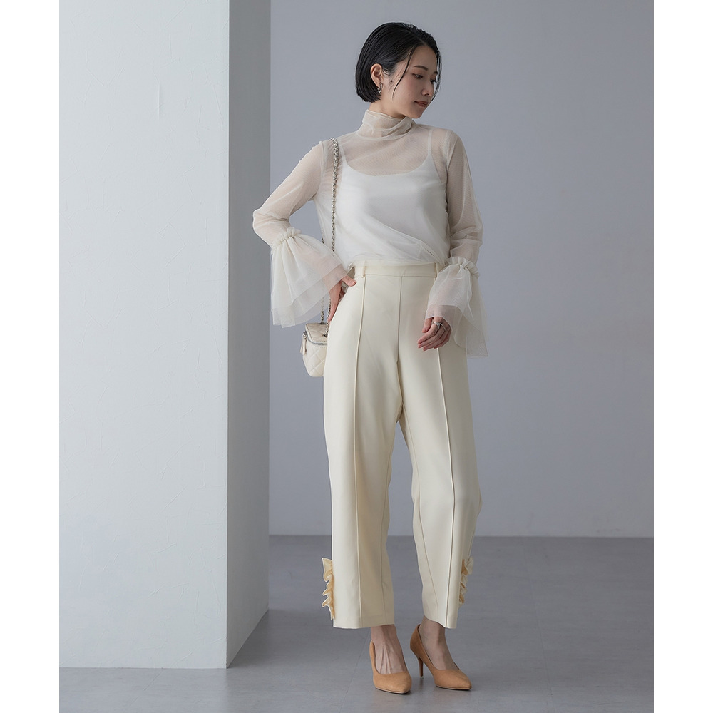 【結婚式・パーティードレス】レースレイヤードブラウス+脇フリルセミワイドパンツセットアップ 大きいサイズ22