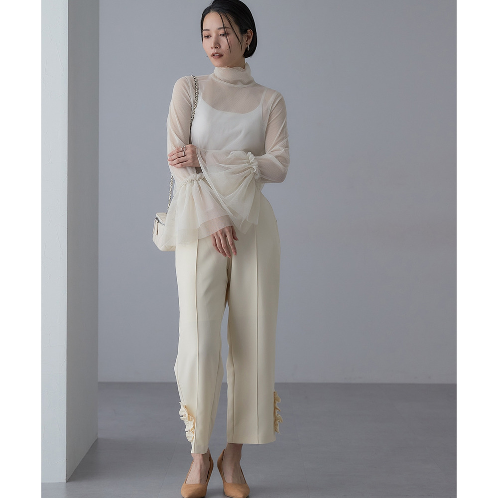 【結婚式・パーティードレス】レースレイヤードブラウス+脇フリルセミワイドパンツセットアップ 大きいサイズ23