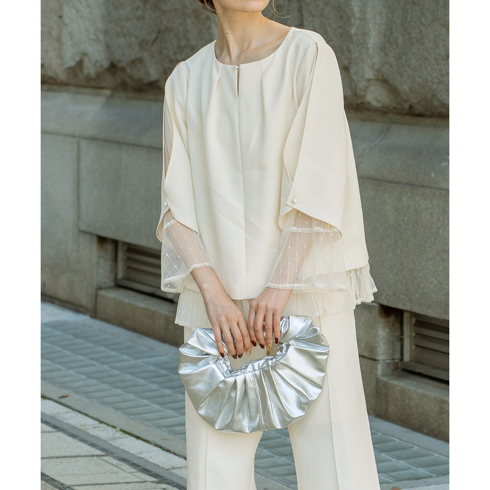 【結婚式・パーティードレス】レースレイヤードブラウス+脇フリルセミワイドパンツセットアップ 大きいサイズ24