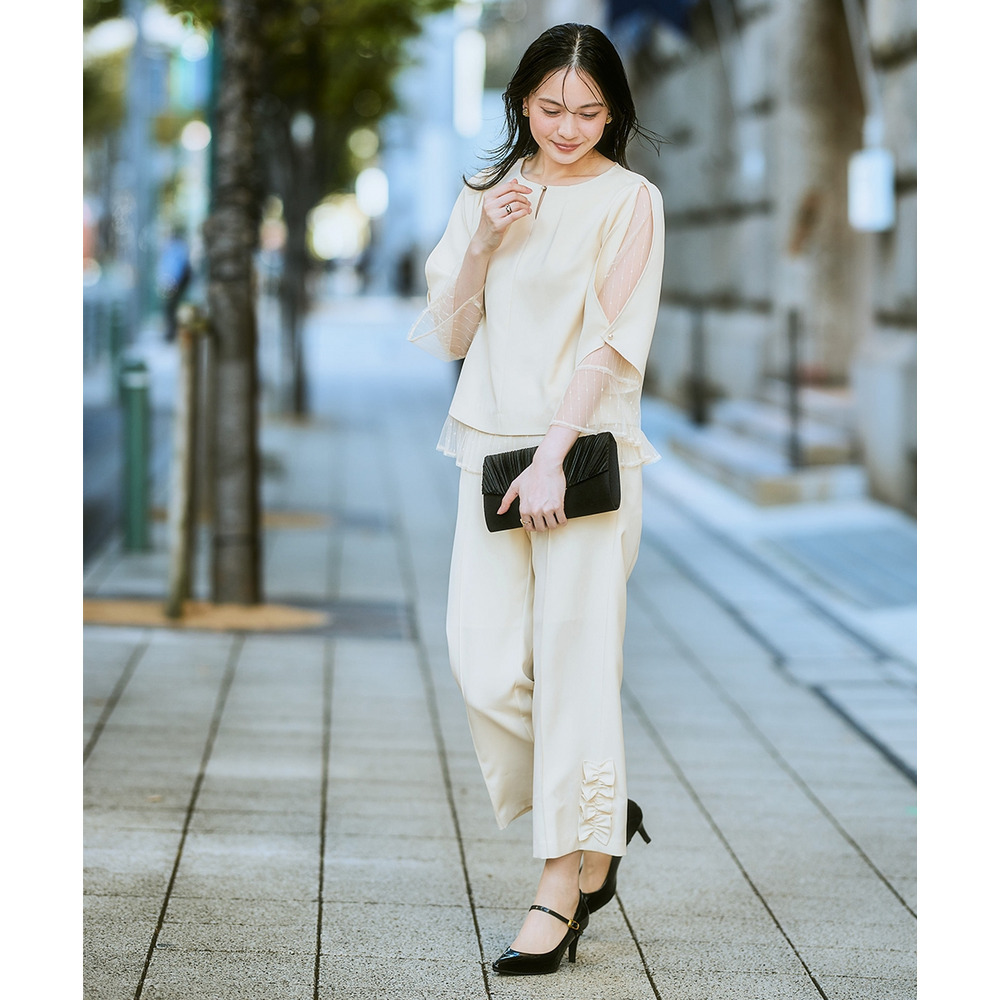 【結婚式・パーティードレス】レースレイヤードブラウス+脇フリルセミワイドパンツセットアップ 大きいサイズ3