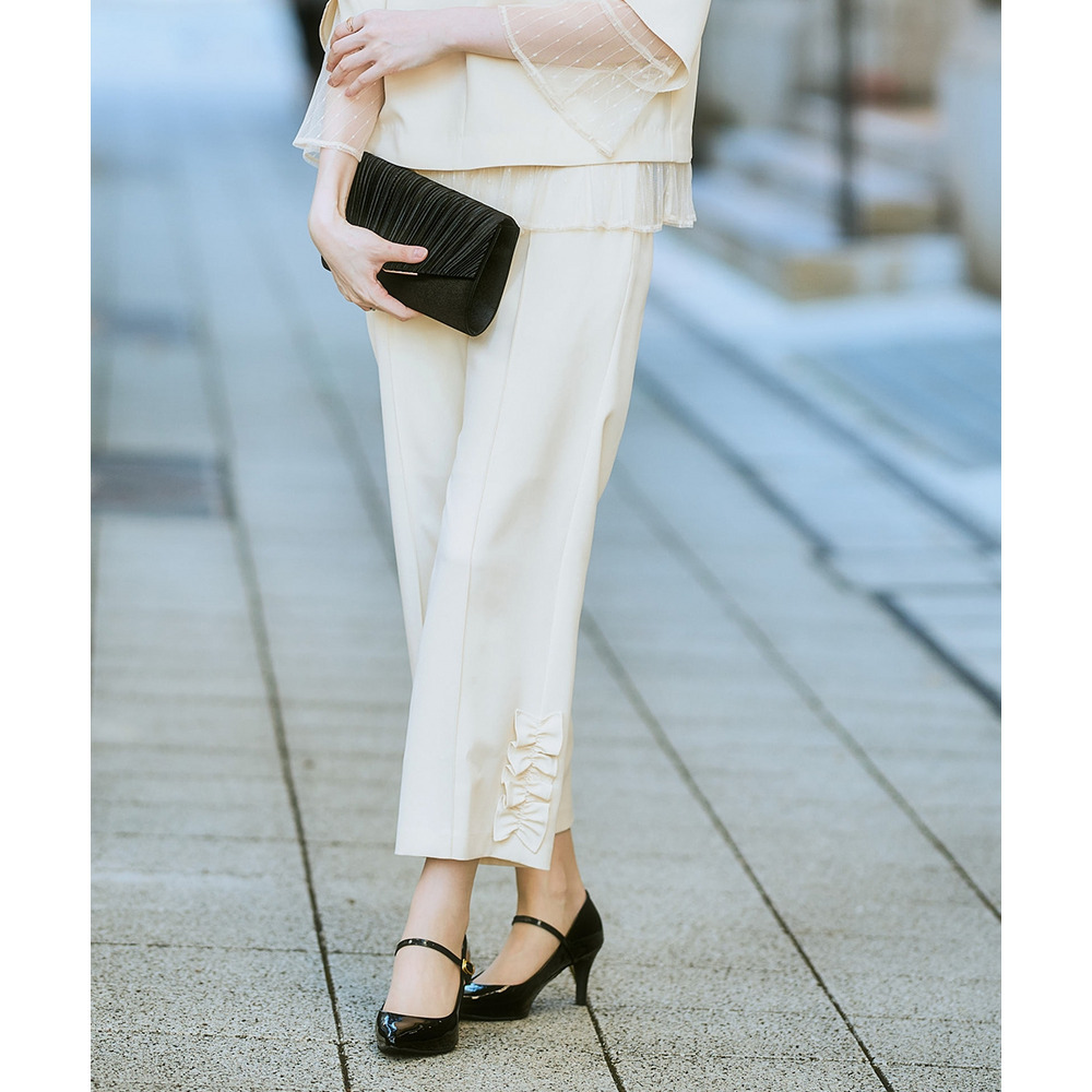 【結婚式・パーティードレス】レースレイヤードブラウス+脇フリルセミワイドパンツセットアップ 大きいサイズ4