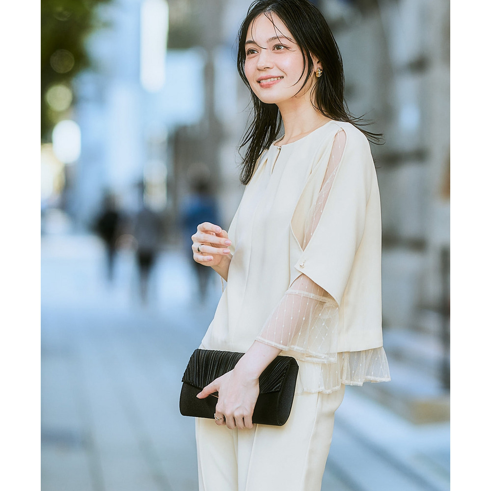 【結婚式・パーティードレス】レースレイヤードブラウス+脇フリルセミワイドパンツセットアップ 大きいサイズ5