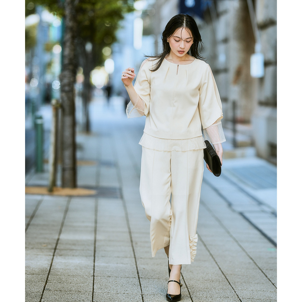 【結婚式・パーティードレス】レースレイヤードブラウス+脇フリルセミワイドパンツセットアップ 大きいサイズ6