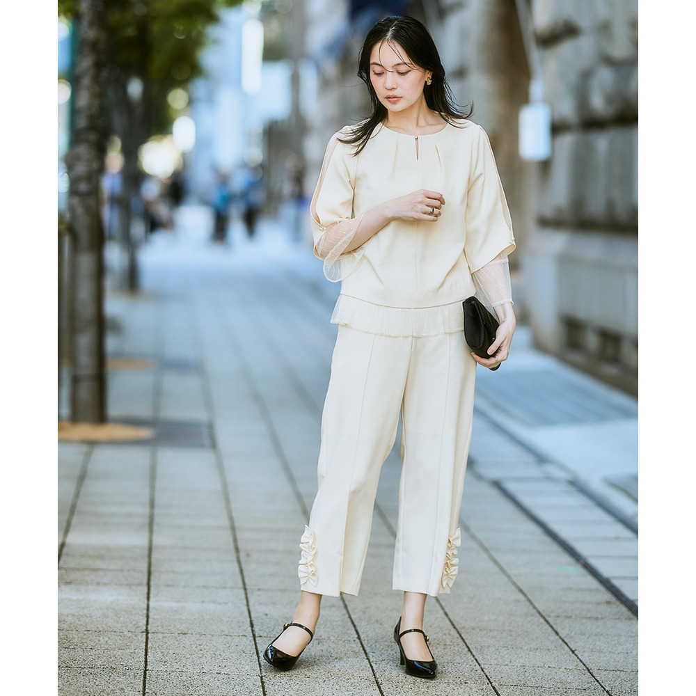 【結婚式・パーティードレス】レースレイヤードブラウス+脇フリルセミワイドパンツセットアップ 大きいサイズ7