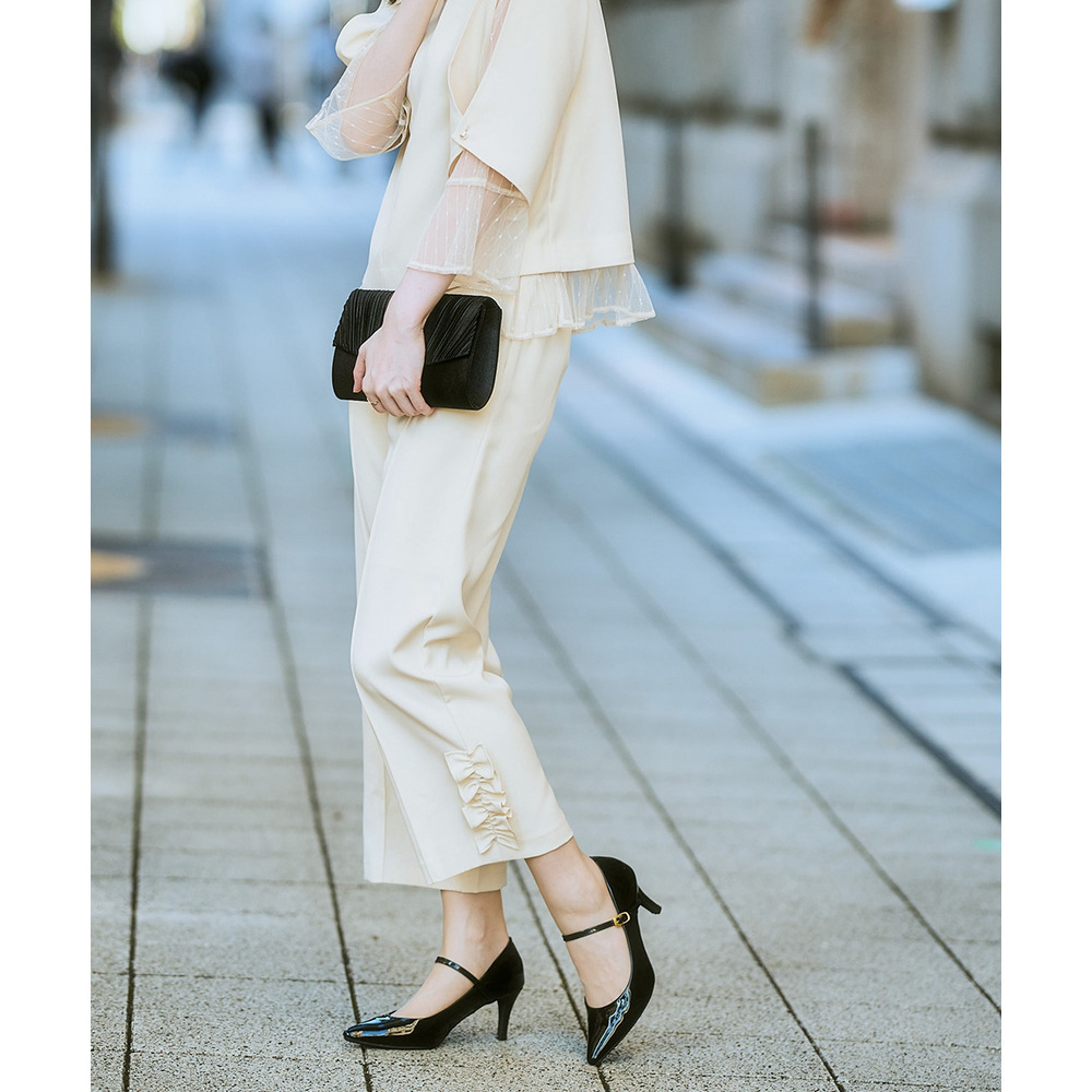 【結婚式・パーティードレス】レースレイヤードブラウス+脇フリルセミワイドパンツセットアップ 大きいサイズ8