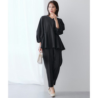 【レディーススーツ】ダンボールニット素材ブラウスセットアップスーツ（９分袖ブラウス＋テーパードパンツ） 大きいサイズ