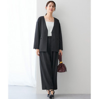 【レディーススーツ】ダンボールニット素材ノーカラースーツ(ジャケット+ワイドパンツ) 大きいサイズ