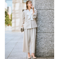 【レディーススーツ】ダンボールニット素材ノーカラースーツ（ジャケット＋ワイドパンツ） 大きいサイズ