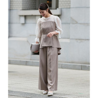 【結婚式・パーティードレス】キャンディースリーブペプラムストライプブラウス＋ワイドパンツセットアップ 大きいサイズ