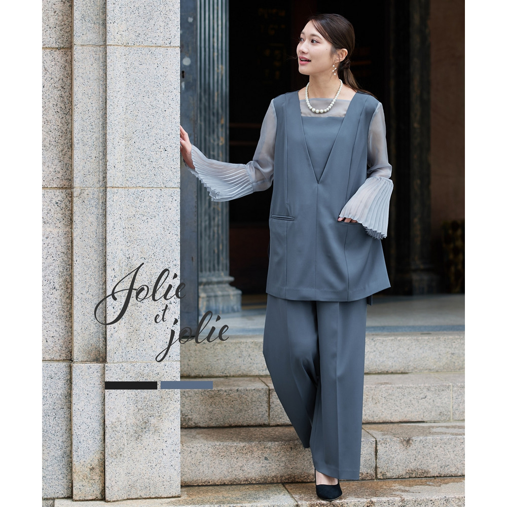 【結婚式・パーティードレス】プリーツスリーブスクエアネックブラウス＋ワイドパンツセットアップ 大きいサイズ