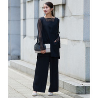 【結婚式・パーティードレス】プリーツスリーブスクエアネックブラウス＋ワイドパンツセットアップ 大きいサイズ