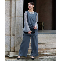 【結婚式・パーティードレス】プリーツスリーブスクエアネックブラウス＋ワイドパンツセットアップ 大きいサイズ