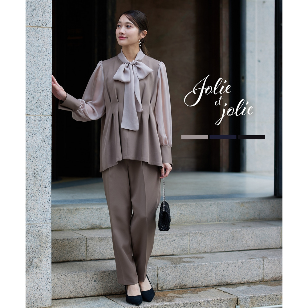 【結婚式・パーティードレス】リボン前開きウエストタックブラウス+パンツセット 大きいサイズ