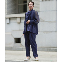 【結婚式・パーティードレス】リボン前開きウエストタックブラウス＋パンツセット 大きいサイズ