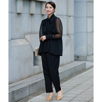 【結婚式・パーティードレス】リボン前開きウエストタックブラウス＋パンツセット 大きいサイズ