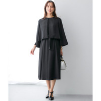 【レディーススーツ】ドビー素材アンサンブルスーツ（ノーカラージャケット＋共布リボン付ロング丈ワンピース） 大きいサイズ