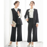 【レディーススーツ】ドビー素材セットアップパンツスーツ４点セット（ノーカラージャケット＋ジレ＋ブラウス＋セミワイドパンツ） 大きいサイズ