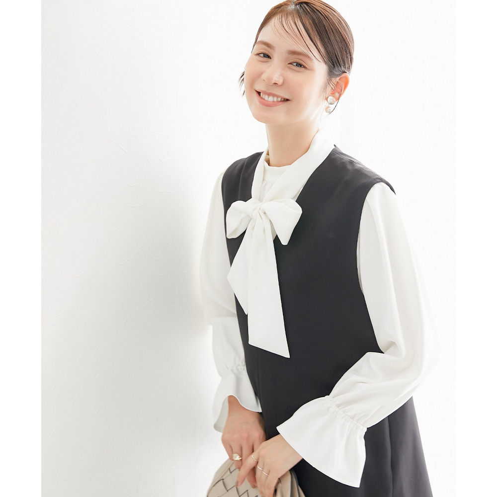 【レディーススーツ】ドビー素材セットアップパンツスーツ4点セット(ノーカラージャケット+ジレ+ブラウス+セミワイドパンツ) 大きいサイズ17