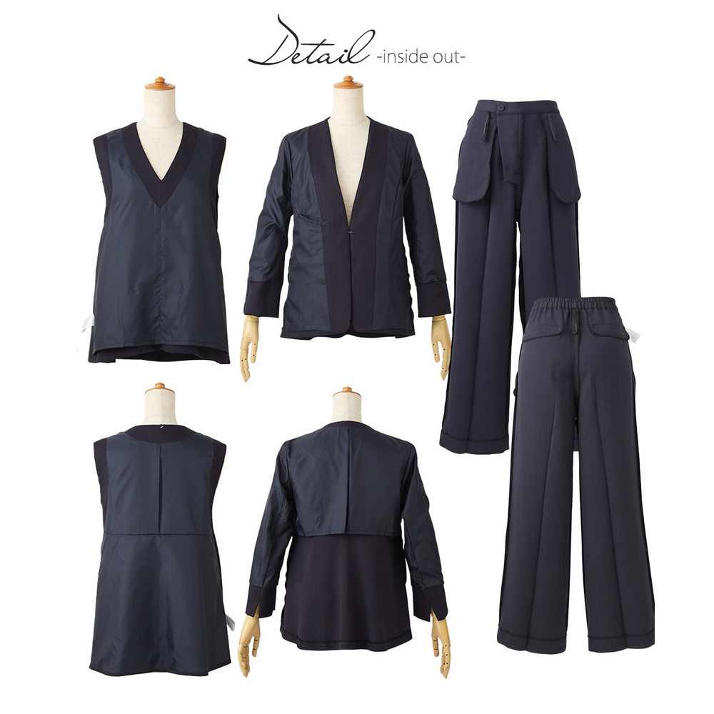 【レディーススーツ】ドビー素材セットアップパンツスーツ4点セット(ノーカラージャケット+ジレ+ブラウス+セミワイドパンツ) 大きいサイズ26
