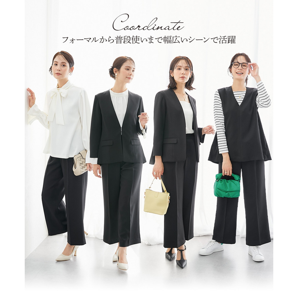 【レディーススーツ】ドビー素材セットアップパンツスーツ4点セット(ノーカラージャケット+ジレ+ブラウス+セミワイドパンツ) 大きいサイズ3