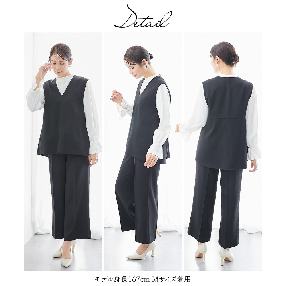 【レディーススーツ】ドビー素材セットアップパンツスーツ4点セット(ノーカラージャケット+ジレ+ブラウス+セミワイドパンツ) 大きいサイズ7