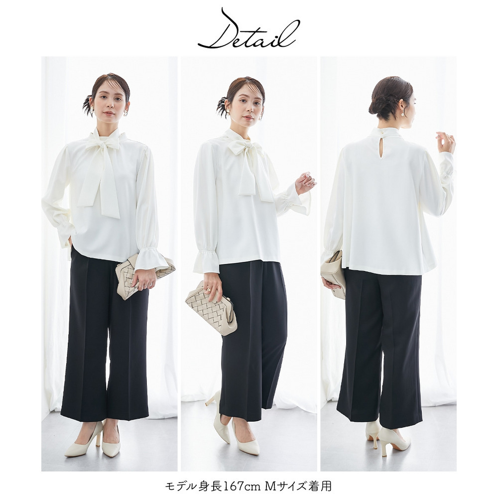 【レディーススーツ】ドビー素材セットアップパンツスーツ4点セット(ノーカラージャケット+ジレ+ブラウス+セミワイドパンツ) 大きいサイズ8