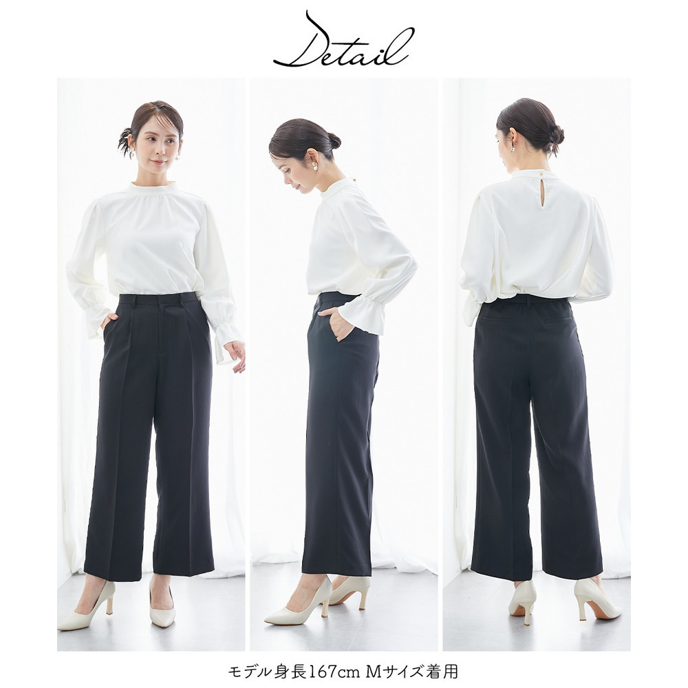 【レディーススーツ】ドビー素材セットアップパンツスーツ4点セット(ノーカラージャケット+ジレ+ブラウス+セミワイドパンツ) 大きいサイズ9