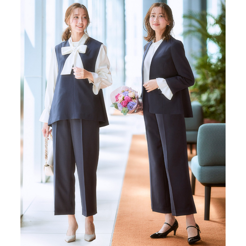 【レディーススーツ】ドビー素材セットアップパンツスーツ4点セット(ノーカラージャケット+ジレ+ブラウス+セミワイドパンツ) 大きいサイズ1