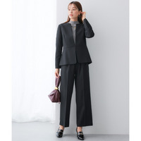 【レディーススーツ】ペプラムジャケットパンツスーツ(ノーカラージャケット+ワイドパンツ)(ストレッチウール調シリーズ) 大きいサイズ