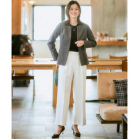 【レディーススーツ】ペプラムジャケットパンツスーツ（ノーカラージャケット＋ワイドパンツ）（ストレッチウール調シリーズ） 大きいサイズ
