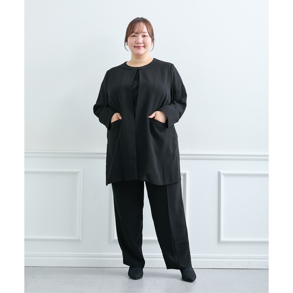 【喪服・礼服】<夏対応>前開き3WAYノーカラーロングジャケット+ストレートパンツスーツ 大きいサイズ12