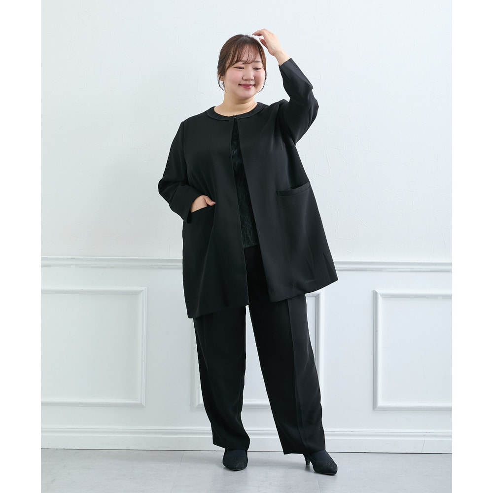 【喪服・礼服】<夏対応>前開き3WAYノーカラーロングジャケット+ストレートパンツスーツ 大きいサイズ13