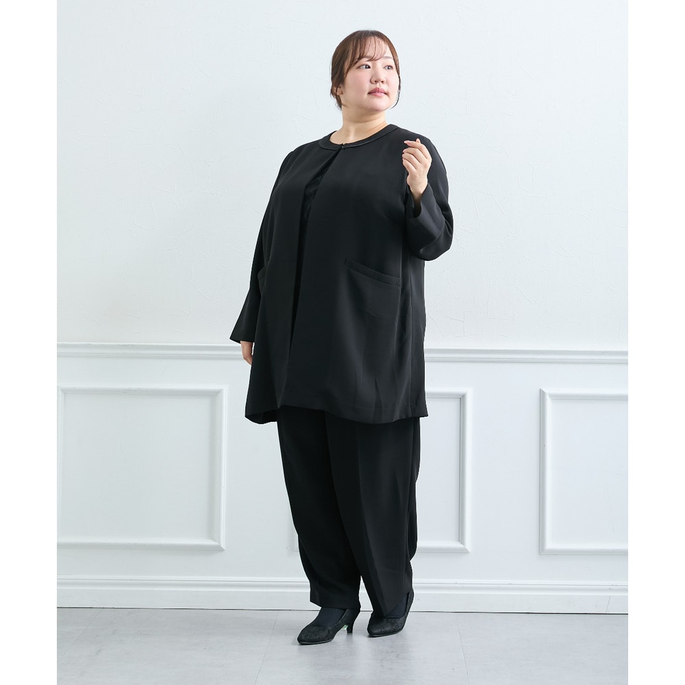 【喪服・礼服】<夏対応>前開き3WAYノーカラーロングジャケット+ストレートパンツスーツ 大きいサイズ14