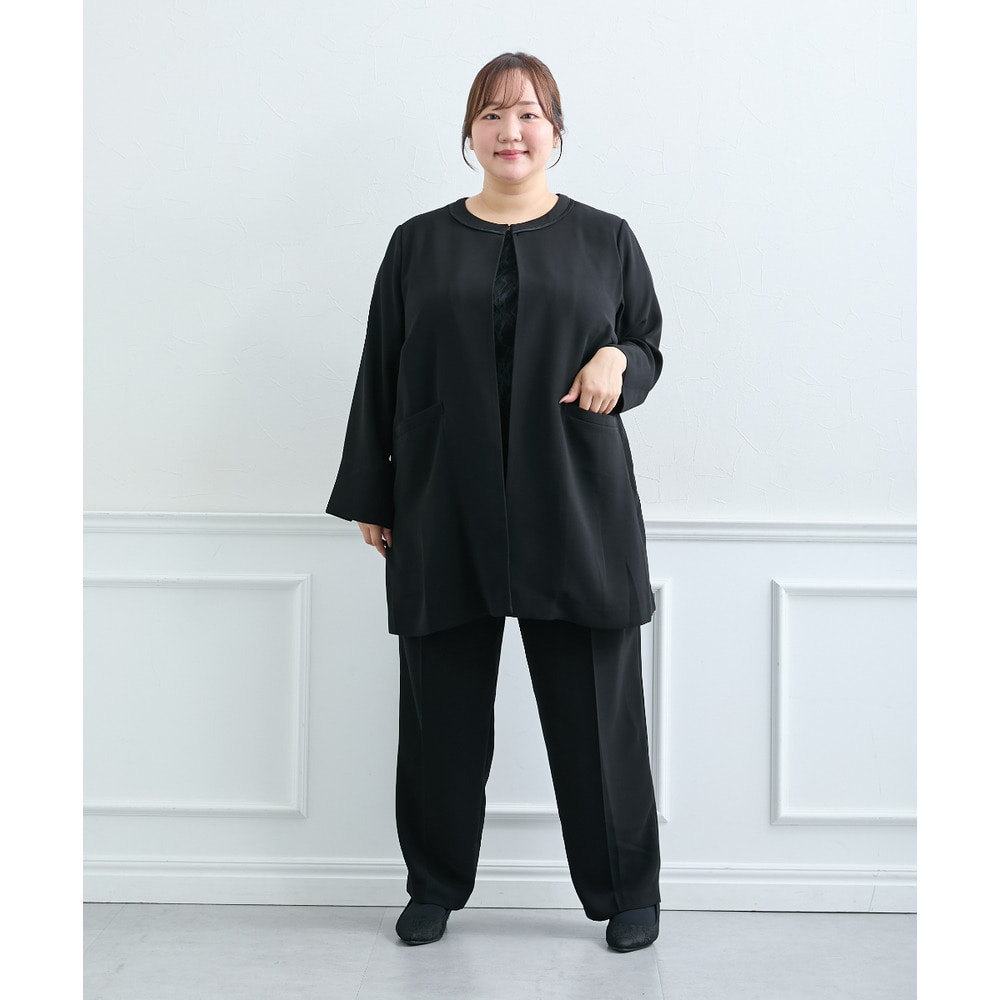 【喪服・礼服】<夏対応>前開き3WAYノーカラーロングジャケット+ストレートパンツスーツ 大きいサイズ15
