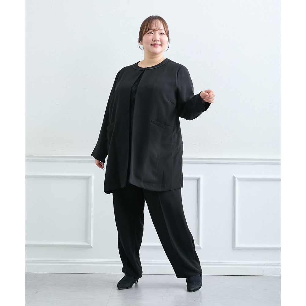 【喪服・礼服】<夏対応>前開き3WAYノーカラーロングジャケット+ストレートパンツスーツ 大きいサイズ16