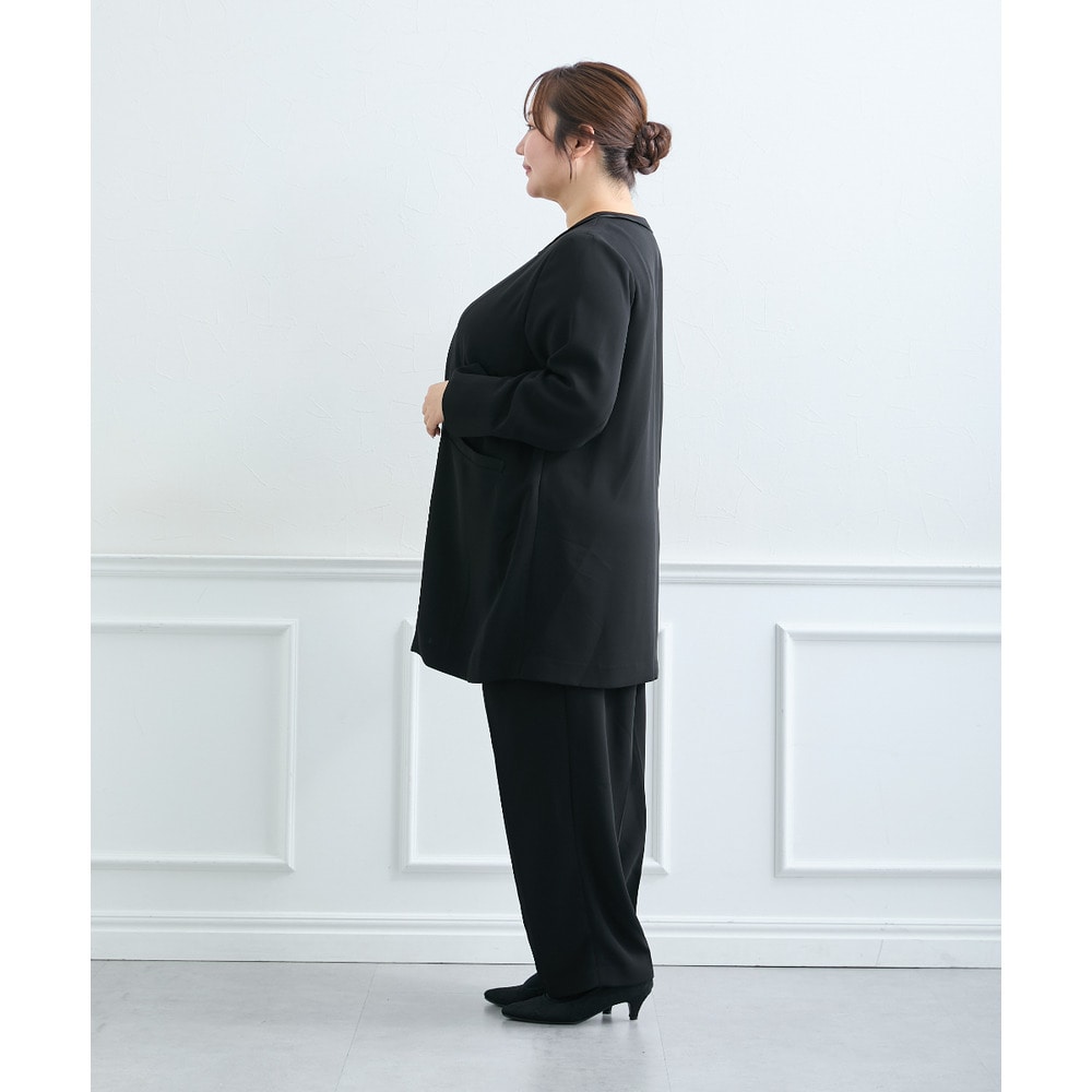 【喪服・礼服】<夏対応>前開き3WAYノーカラーロングジャケット+ストレートパンツスーツ 大きいサイズ18