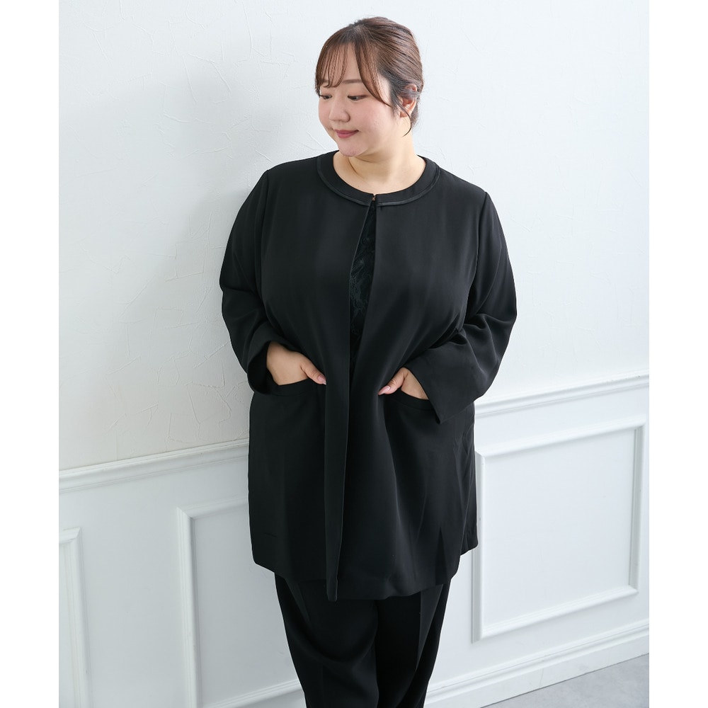 【喪服・礼服】<夏対応>前開き3WAYノーカラーロングジャケット+ストレートパンツスーツ 大きいサイズ20