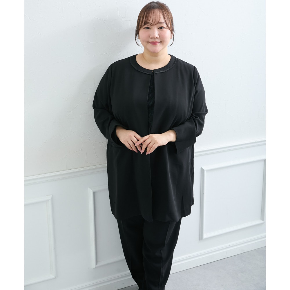 【喪服・礼服】<夏対応>前開き3WAYノーカラーロングジャケット+ストレートパンツスーツ 大きいサイズ22